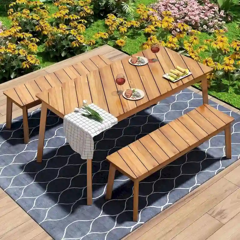3 Pieces Acacia Wood Table Bench Dining Set For Outdoor & Indoor Furniture With 2 Benches, Picnic Beer Table for Patio