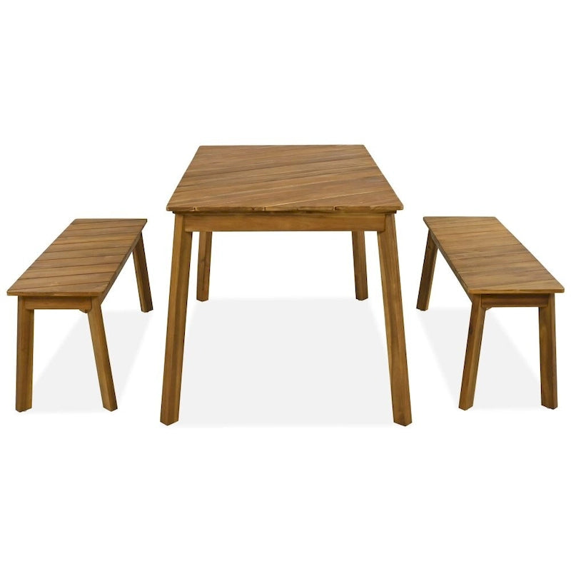 3 Pieces Acacia Wood Table Bench Dining Set For Outdoor & Indoor Furniture With 2 Benches, Picnic Beer Table for Patio