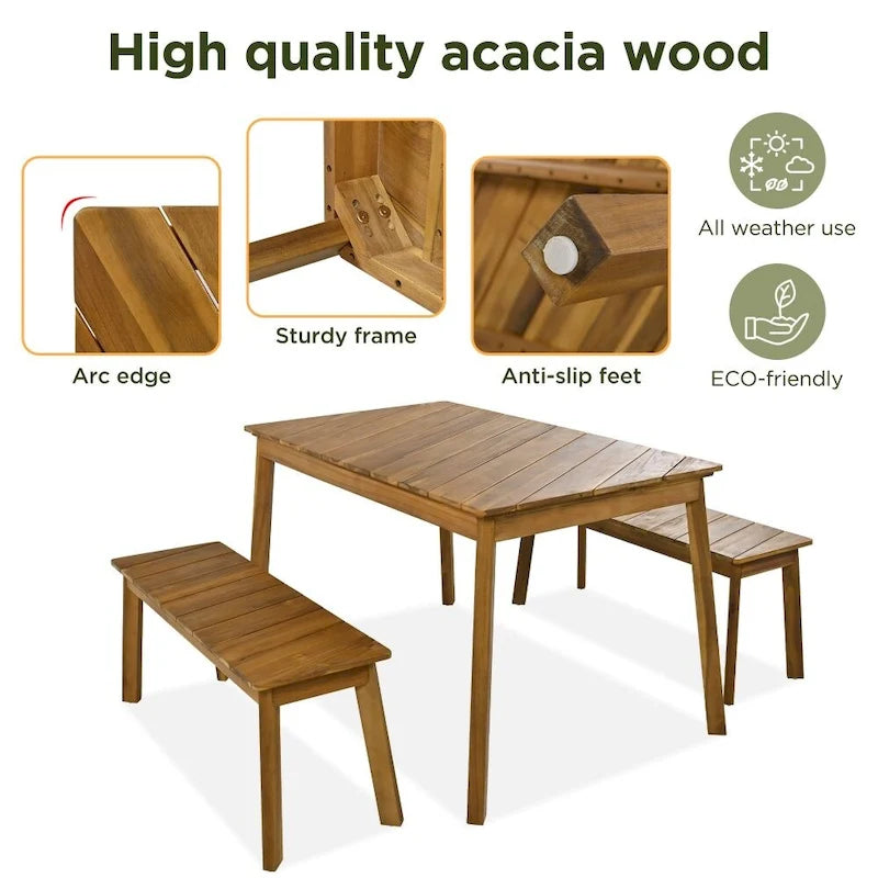 3 Pieces Acacia Wood Table Bench Dining Set For Outdoor & Indoor Furniture With 2 Benches, Picnic Beer Table for Patio