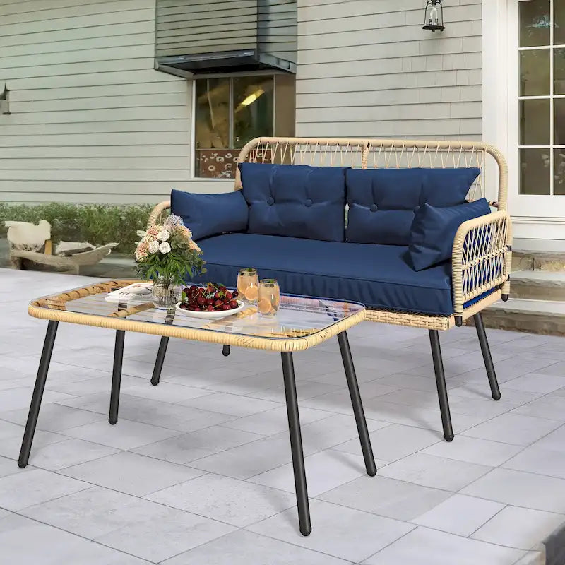 Moasis 2-Piece Outdoor Wicker Loveseat Set Weather-Resistant Rattan Patio Conversation Furniture - 45.3L x 20.5W x 32.2H