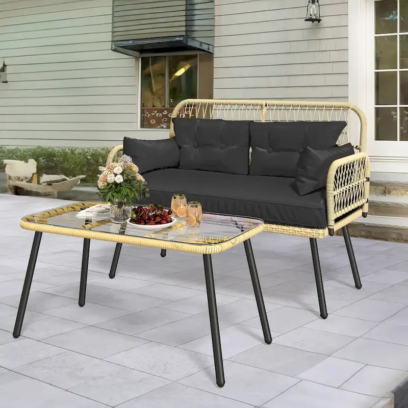 Moasis 2-Piece Outdoor Wicker Loveseat Set Weather-Resistant Rattan Patio Conversation Furniture - 45.3L x 20.5W x 32.2H