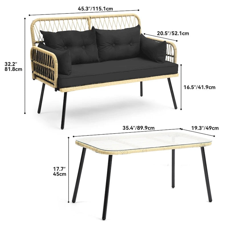 Moasis 2-Piece Outdoor Wicker Loveseat Set Weather-Resistant Rattan Patio Conversation Furniture - 45.3L x 20.5W x 32.2H