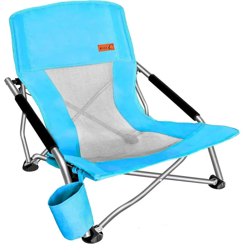 Portable Low Beach Chair with Cup Holder and Carry Bag, Sling Folding Sand Chair for Adults and Kids