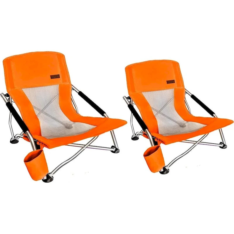Portable Low Beach Chair with Cup Holder and Carry Bag, Sling Folding Sand Chair for Adults and Kids
