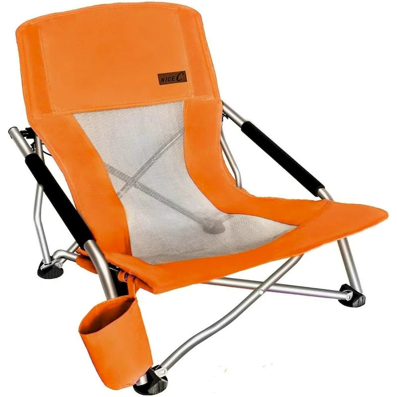 Portable Low Beach Chair with Cup Holder and Carry Bag, Sling Folding Sand Chair for Adults and Kids