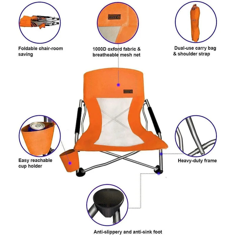 Portable Low Beach Chair with Cup Holder and Carry Bag, Sling Folding Sand Chair for Adults and Kids
