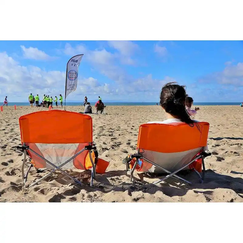 Portable Low Beach Chair with Cup Holder and Carry Bag, Sling Folding Sand Chair for Adults and Kids