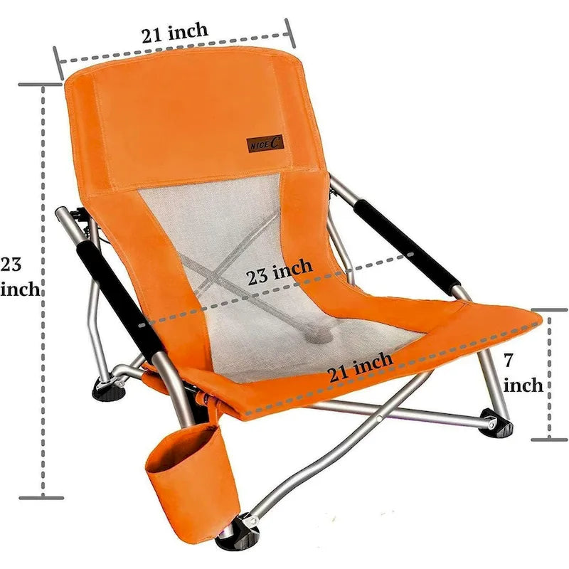 Portable Low Beach Chair with Cup Holder and Carry Bag, Sling Folding Sand Chair for Adults and Kids