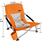 Portable Low Beach Chair with Cup Holder and Carry Bag, Sling Folding Sand Chair for Adults and Kids