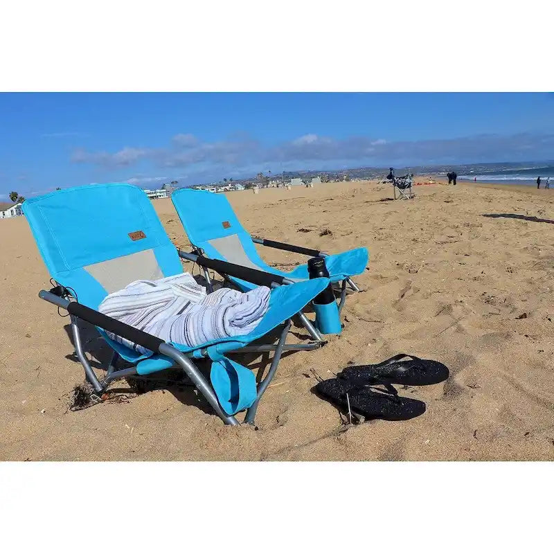 Portable Low Beach Chair with Cup Holder and Carry Bag, Sling Folding Sand Chair for Adults and Kids