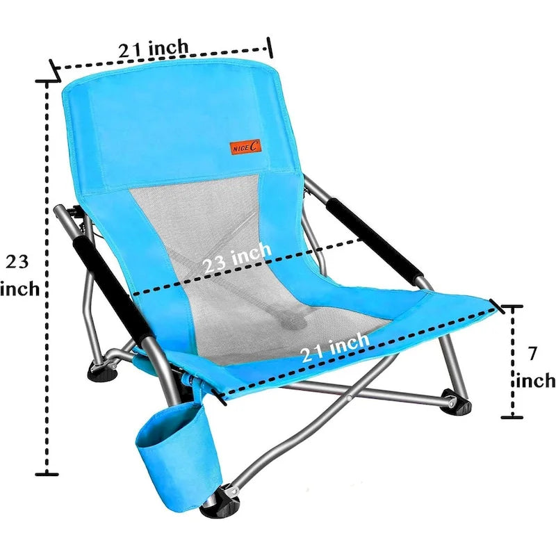 Portable Low Beach Chair with Cup Holder and Carry Bag, Sling Folding Sand Chair for Adults and Kids