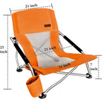 Portable Low Beach Chair with Cup Holder and Carry Bag, Sling Folding Sand Chair for Adults and Kids