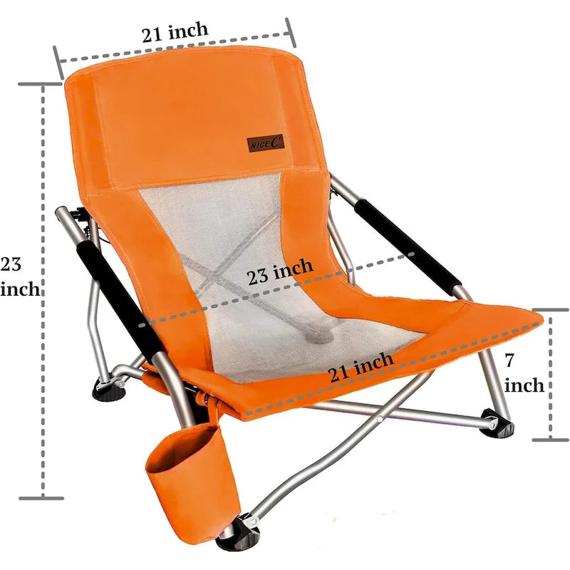 Portable Low Beach Chair with Cup Holder and Carry Bag, Sling Folding Sand Chair for Adults and Kids