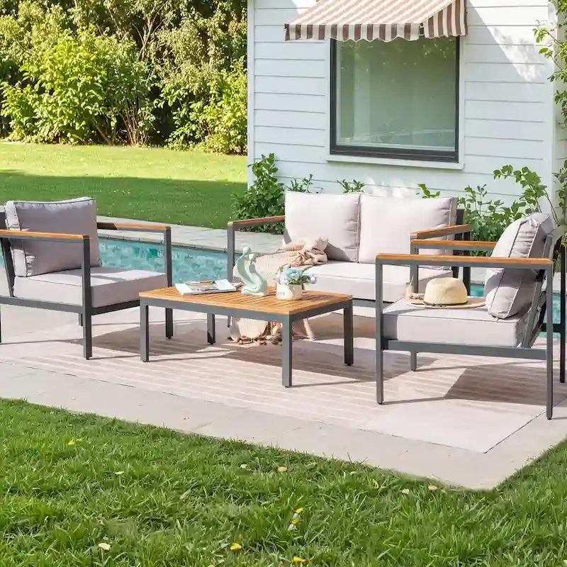 Homall 4 Pieces Patio Acacia Conversation Set, Outdoor Loveseat with Table, All Weather Chairs Set