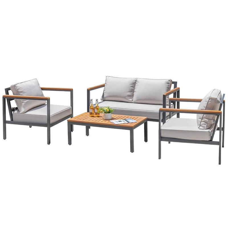 Homall 4 Pieces Patio Acacia Conversation Set, Outdoor Loveseat with Table, All Weather Chairs Set