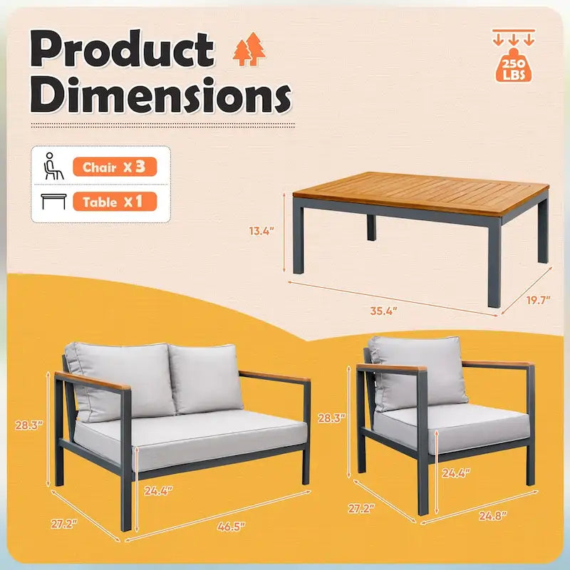 Homall 4 Pieces Patio Acacia Conversation Set, Outdoor Loveseat with Table, All Weather Chairs Set