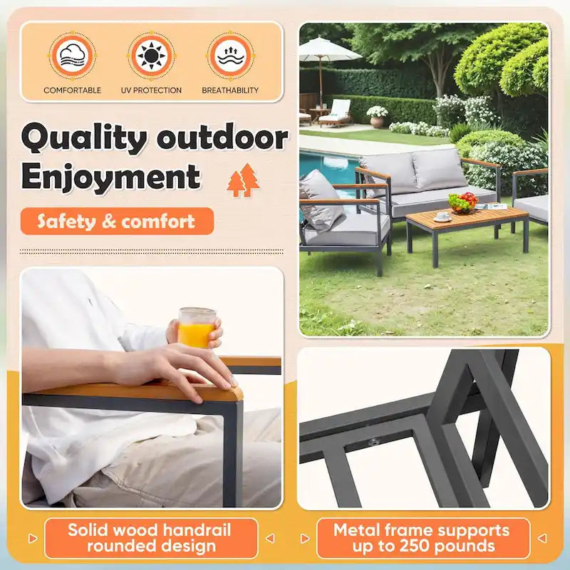 Homall 4 Pieces Patio Acacia Conversation Set, Outdoor Loveseat with Table, All Weather Chairs Set